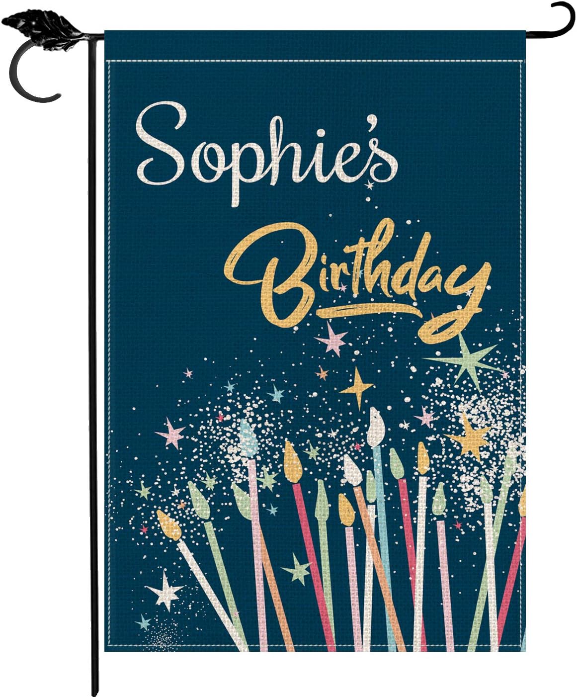 Smile Personalized Birthday Garden Flag, Customized Name Star Candle, Double Sided 12 x 18 Inch Rustic Farmhouse Burlap Yard Outdoor Decoration