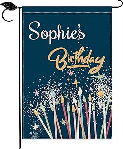 Smile Personalized Birthday Garden Flag, Customized Name Star Candle, Double Sided 12 x 18 Inch Rustic Farmhouse Burlap Yard Outdoor Decoration