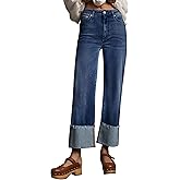 Lesore Womens High Waist Wash Denim Wide Leg Straight Leg Jeans Pants with Cuffed Hem