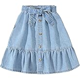 Floerns Toddler Girl's Button A Line Belted Denim Skirt Elastic Waist Midi Jean Skirts