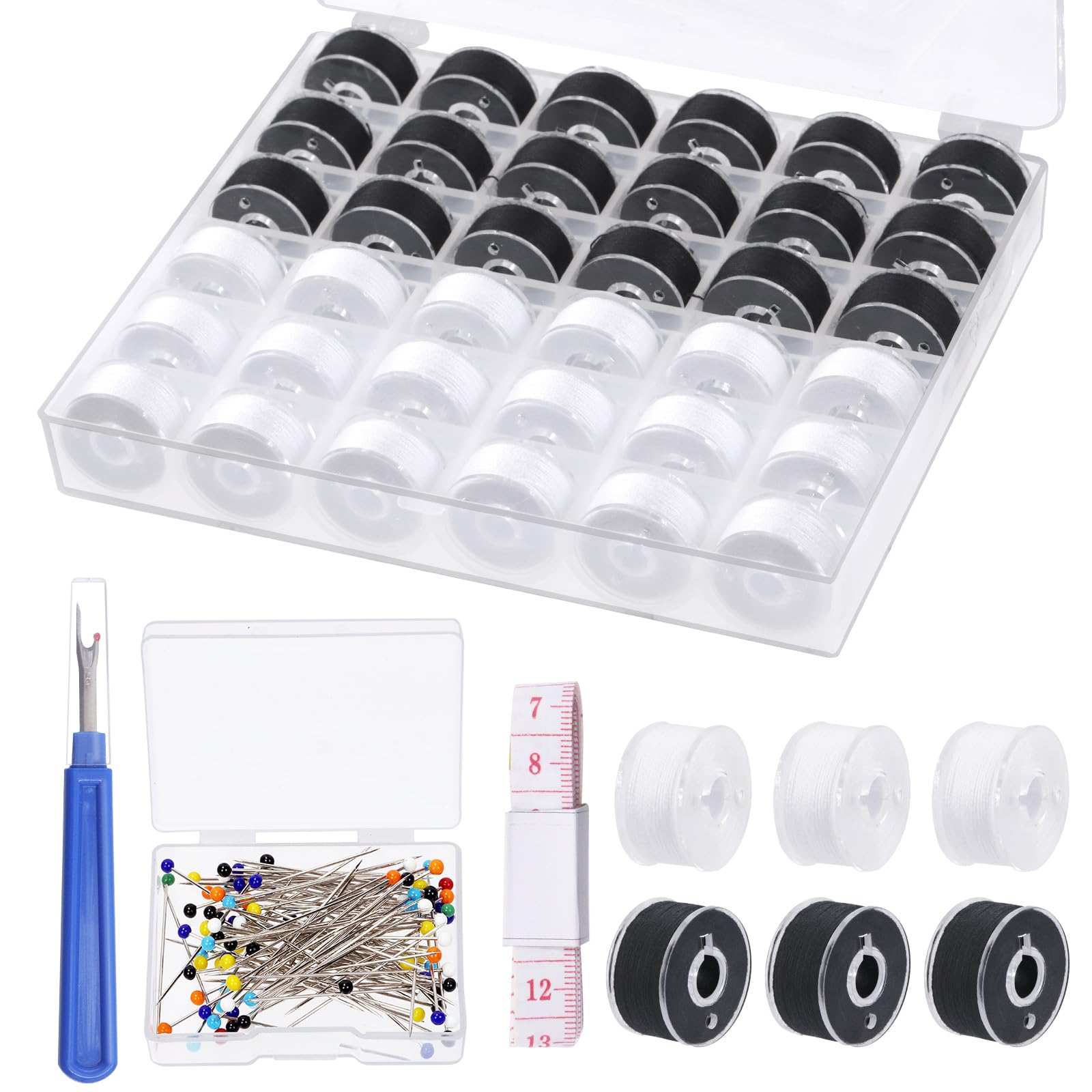 Mardatt 138Pcs White & Black Bobbins Sewing Threads Kit Includes Bobbin Thread with Bobbin Case, Sewing Pins, Measuring Tape and Sewing Seam Ripper, Polyester Threads Set for Hand Machine Sewing