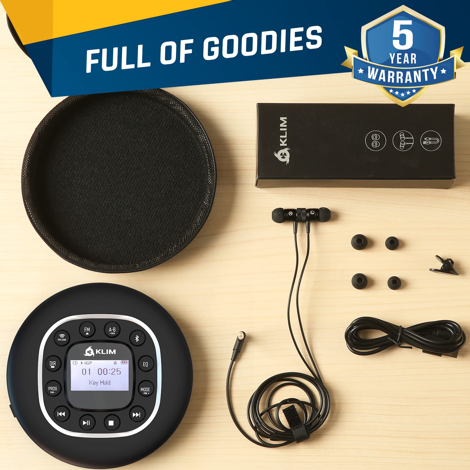 KLIM Journey - Portable CD Player Walkman with Long-Lasting Battery - New - with Headphones - Radio FM - Compatible MP3 CD Player Portable - SD Card, FM Transmitter, Bluetooth - Ideal for Cars - Black