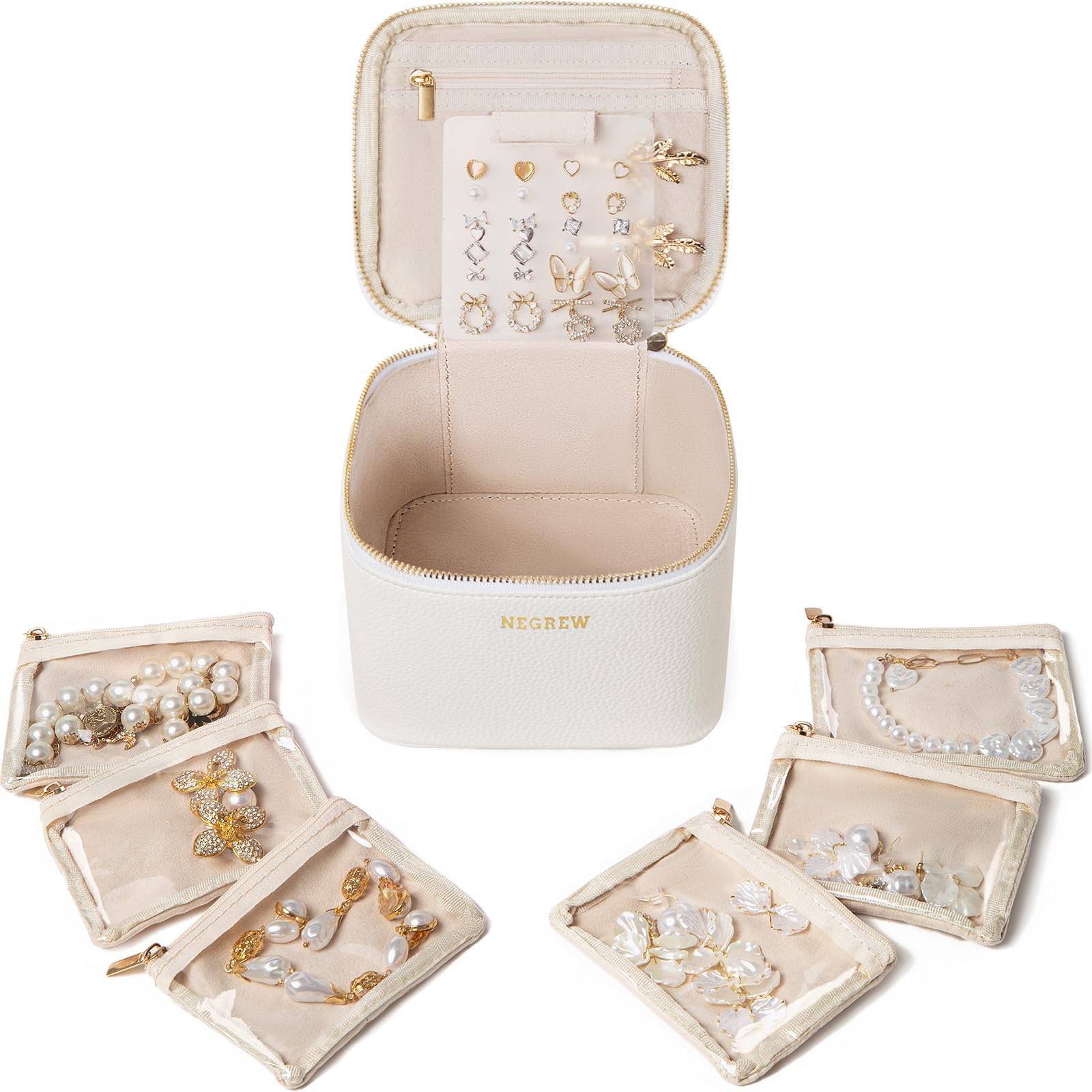 Photo 1 of  Does not have the plastic bags in It** Travel Jewelry Box with 6 Jewelry Bags, Leather Jewelry Organizer Case for Women Girl for Necklace Earring Bracelet Ring, Jewelry Holder Organizer Box,Wedding Birthday Gift Idea (White)