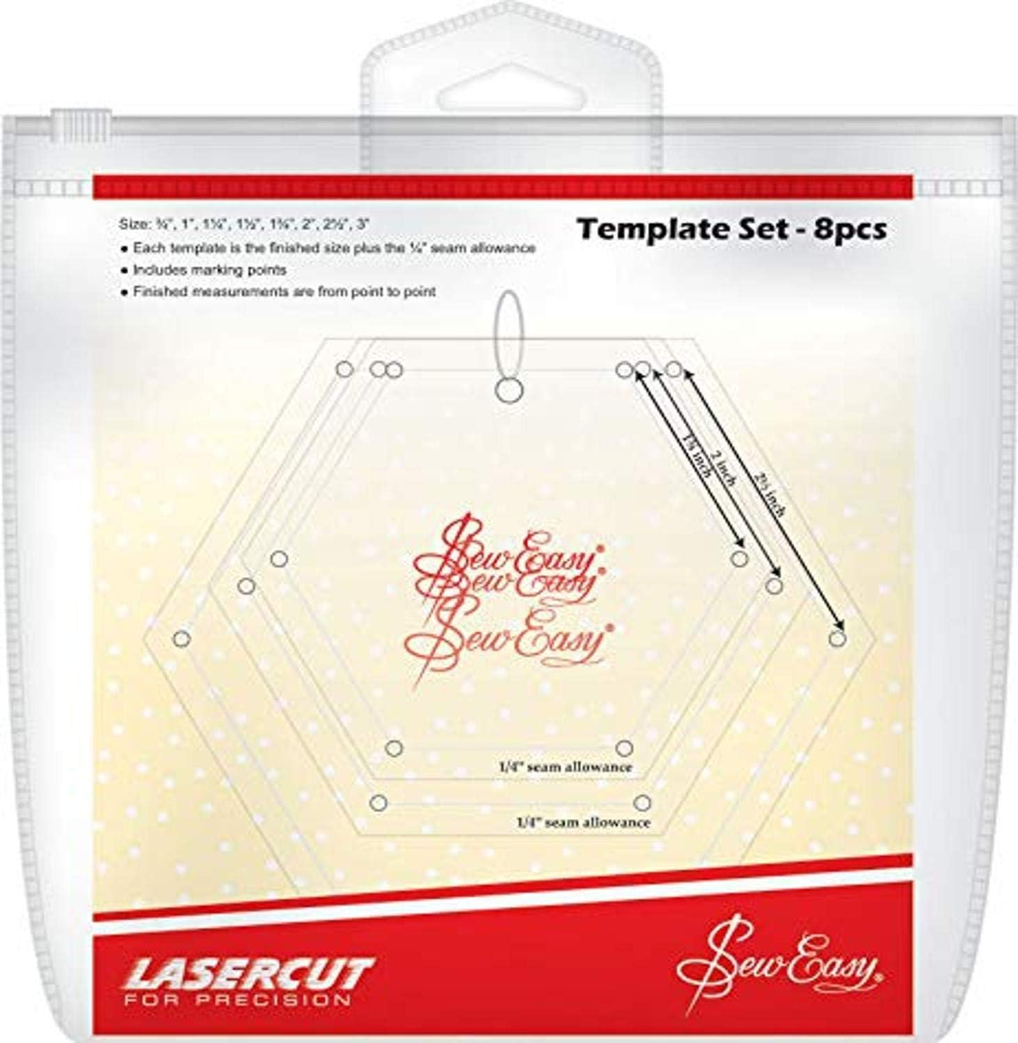 Sew Easy Mini Template - 8 Hexagon Set Quilting & Patchwork Rule for Applique Sewing Transparent Acrylic Non-Slip, 0.75 - 3”