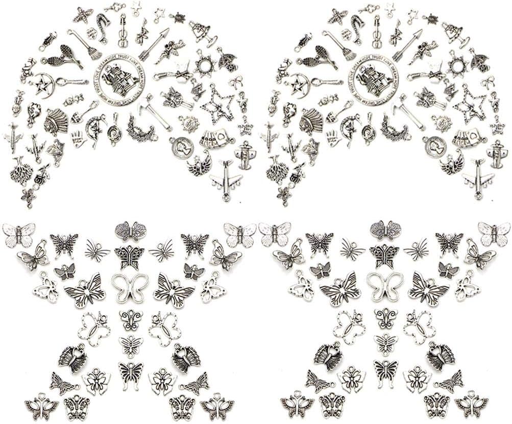 Qingsi 160 Pcs/Set Jewelry Making Tibetan Silver Charms Mixed Butterfly Pendants for Necklace Bracelet Jewelry Making and Crafting
