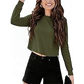 Totatuit Women Casual Long Sleeve Crop Tshirts Crewneck Loose Cropped Tee Basic Plain Fall Sweatshirts Drop Shoulder Army Green Medium