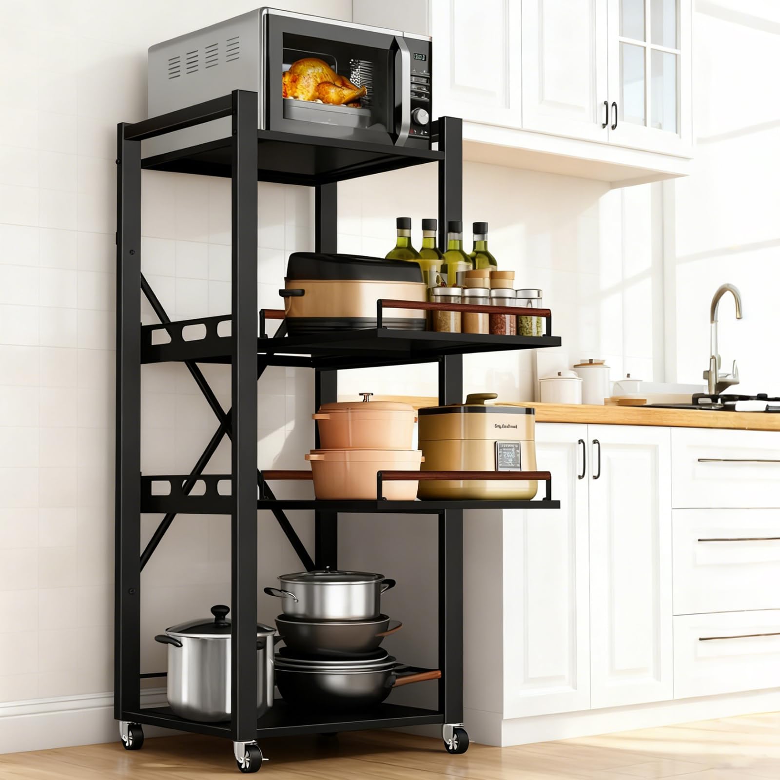 Photo 1 of ***MISSING PARTS***sugitek 4-Tier Kitchen Baker Rack with 2 Pull-Out Shelves,Heavy-Duty Carbon Steel Microwave Stand Cart with Rolling Wheels and Storage, Adjustable Height with X Side Frames for Kitchen,Cafe Bar