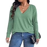 VISLILY Plus-Size-Tops for Women Trendy V Neck T Shirts Casual Dressy Long Sleeve Tunics Tees Loose Fit Blouses XL-5XL