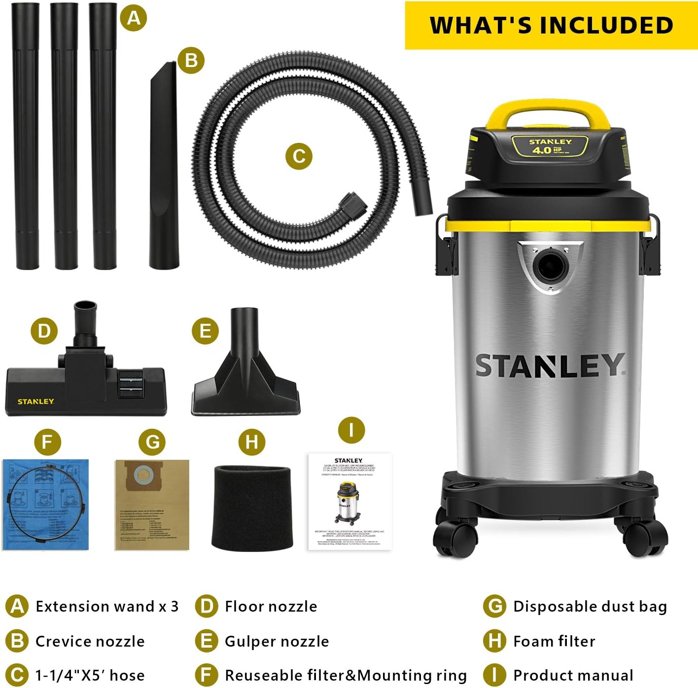 Stanley 4 Gallon Wet Dry Vacuum , 4 Peak HP Stainless Steel Portable Shop Vac, Multifunctional Shop Vacuum W/ 4 Horsepower Motor for Job Site,Garage,Basement,Van,Workshop: Home Improvement