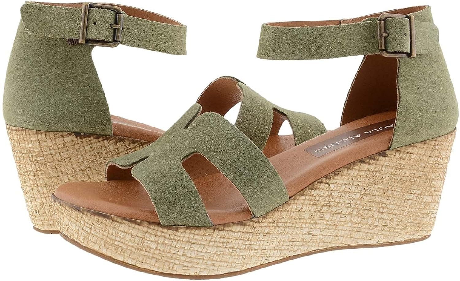 Green Leather Wedge Sandals Made in Spain Padded Plant Size 4 Color