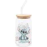 Silver Buffalo Disney Lilo and Stitch Ohana Floral Glass Jar Tumbler with Bamboo Lid and Glass Straw, 16 Ounces