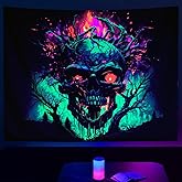SparkLia Blacklight Fire Skull Tapestry, UV Reactive Burning Skeleton Horror Wall Hanging, Glow in the Dark Scary Dark Forest Surreal Artwork Wall Tapestries Room Decor for Bedroom, Living Room - 29.5