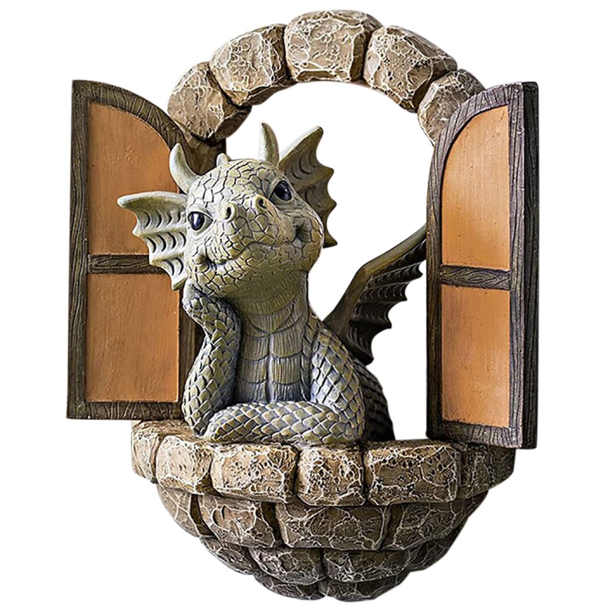 Lovely Courtyard Dinosaur Sculpture Wall Decoration, Weatherproof Resin Statue Miniatures Little Dragon Meditating in Front of The Window Craft Micro Landscape for Patio Yard Garden Wall Decoration