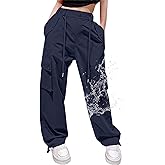 Cromoncent Girls High Waist Parachute Pants Y2K Cargo Trousers with Pockets, Navy, 13-14 Years = Tag 170