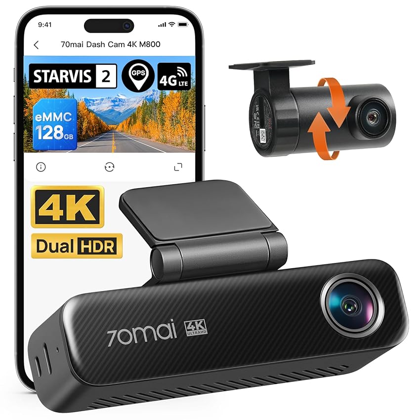 70mai Dash Cam Auto 4K M800 Anteriore e Posteriore, STARVIS 2 IMX678 Super Visione