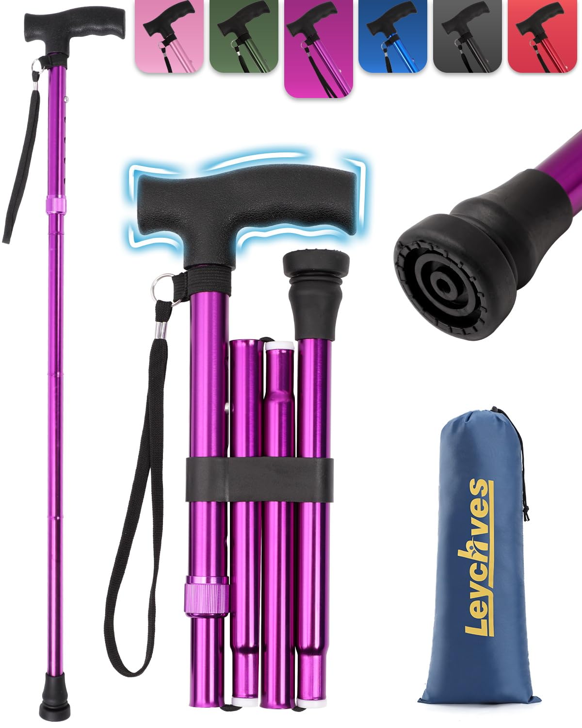 Walking Stick for Women, Adjustable Folding Walking Sticks for 5.2FT-6.1FT Ladies, 5-Section Different Size Collapsible Cane for Elderly