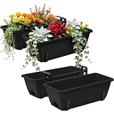 4-Pack Railing Planter Boxes with 2 Sets Double-Sided Adjustable Brackets | Black Plastic Rectangular Flower Boxes with Drainage Holes and Trays for Outdoor Balcony, Deck, Patio, Porch, Fence Use