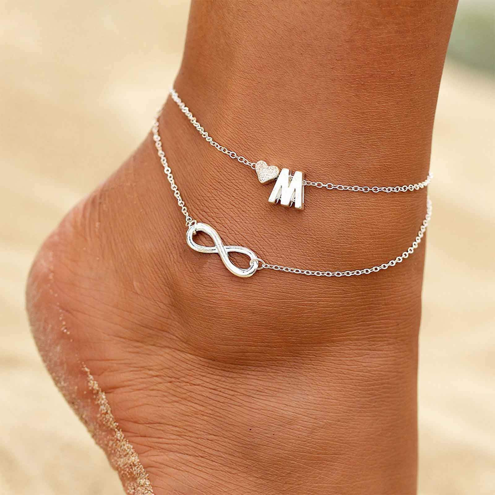 TseenYi Boho Infinity Anklet Chain Silver Layered Love Heart Ankle Bracelet Letter M Foot Chain Beach Jewelry for Women and Girls
