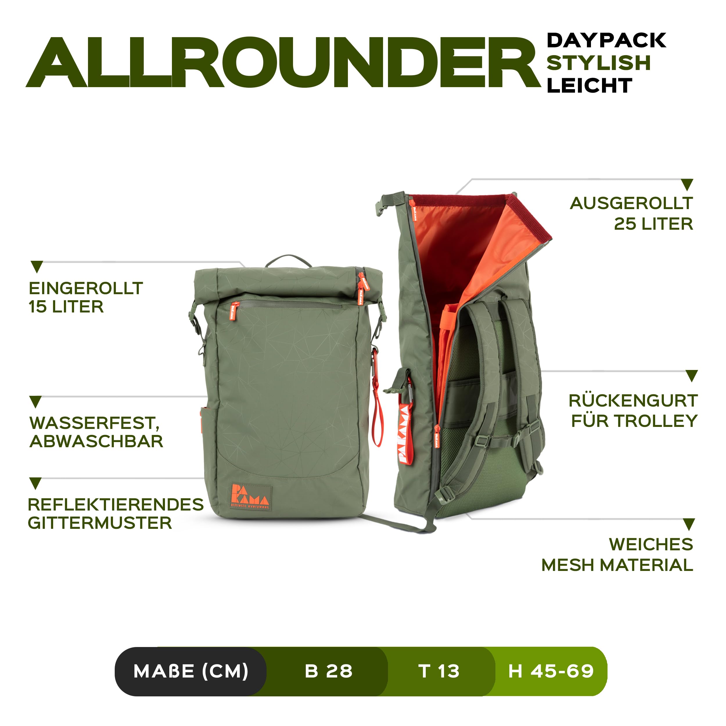 PAKAMA - Daypack Rucksack mit Rolltop 25l für Damen & Herren Grün klein - Wanderrucksack & Fahrradrucksack wasserdicht Arbeit & Wandern mit Laptop-Fach - Reiserucksack & Trekkingrucksack 2