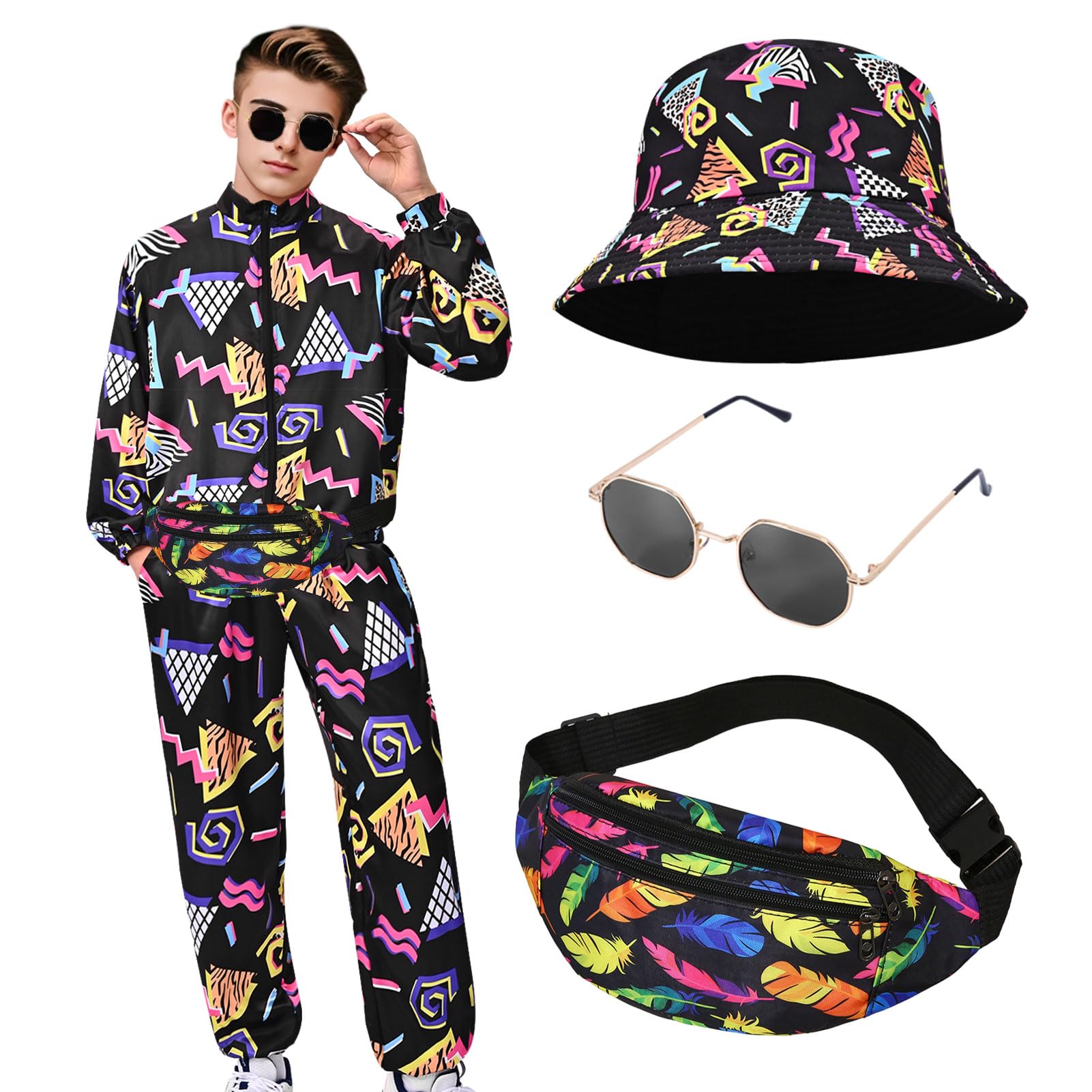 Matreeglam 80s 90s Retro Fancy Dress Men, 80s Shell Suit Costume, Hip Hop Outfit Set with Jacket Hat and Glasses, Sportswear for Themed Disco Party Halloween (Black, L)