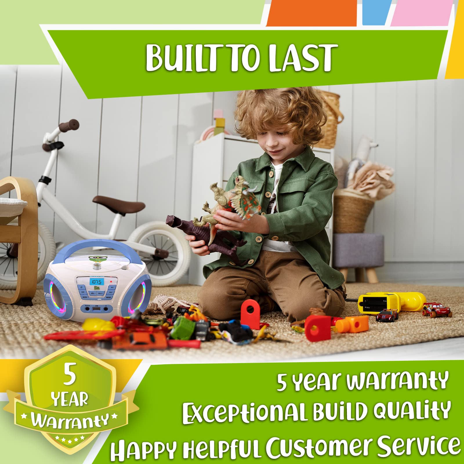 Tunes Kids Boombox CD Player for Kids - NEW 2023 - FM Radio - Batteries Included - Cute white Radio cd Player with Speakers for Kids and Toddlers - Blue