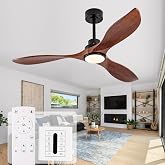 IKTYUW 52 Inch Solid Wood Ceiling Fans with Lights and Remote, 3 Blade Walnut Outdoor Ceiling Fans with Wall Control, Dimmable, 6 Speeds, Quiet DC Motor for Bedroom/Patios/Farmhouse/Living Room