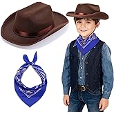 Toddler Cowboy Hat & Bandana, Felt Cowboy Hats for 3-8, Western Cowgirl Halloween Costume for Kids, Boy and Girl