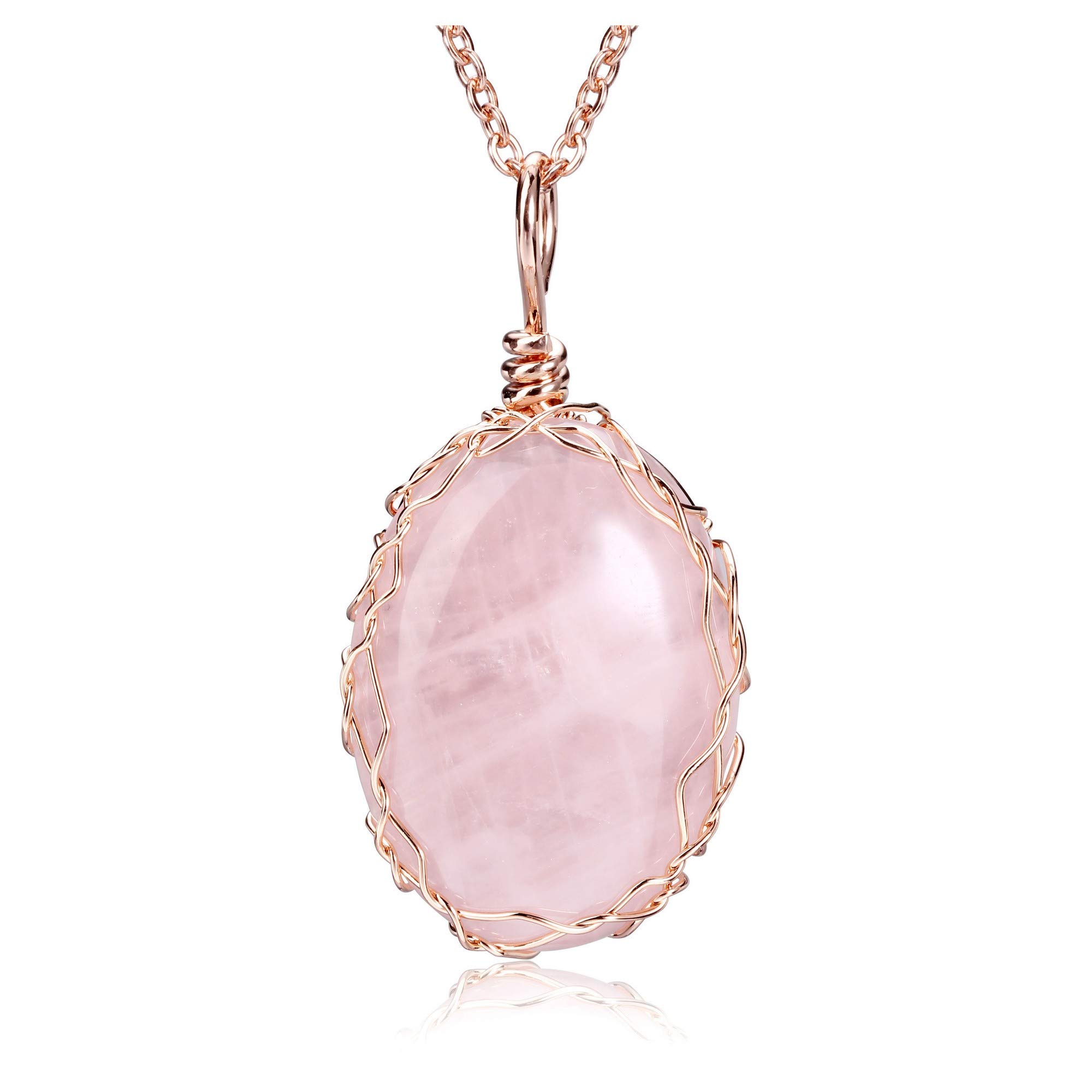 Jovivi Rose Quartz Healing Crystal Stone Pendant Necklace Pink Gemstone Jewellery Gifts for Women Ladies Mum Birthday Mothers Day