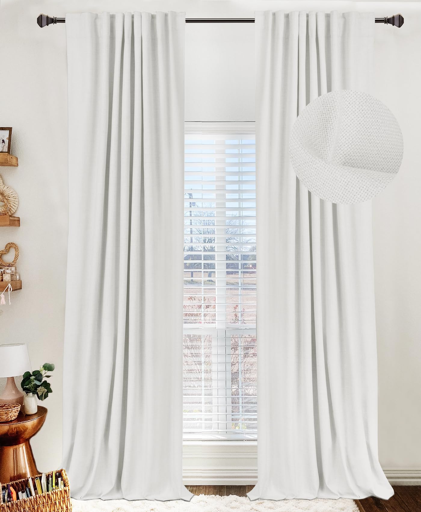 Photo 1 of 100% Blackout Shield Linen Blackout Curtains for Bedroom 84 Inches Long, Back Tab/Rod Pocket Living Room Drapes, Thermal Insulated Blackout Curtains 2 Panels Set, 50" W x 84" L, Snowy White