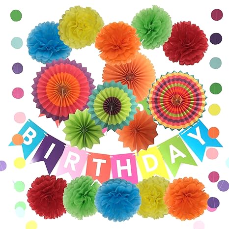 Happy Birthday Decorations Banner With Tissue Pom Poms Paper