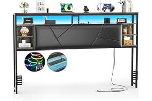 Hyomdeck Headboard for King Size Bed, Sturdy Upholstered King Head Board with 3 Outlets and 2 USB Ports, Solid Headboards with Smart RGB LED Light and Storage Shelves, Easy Assembly, Black Oak