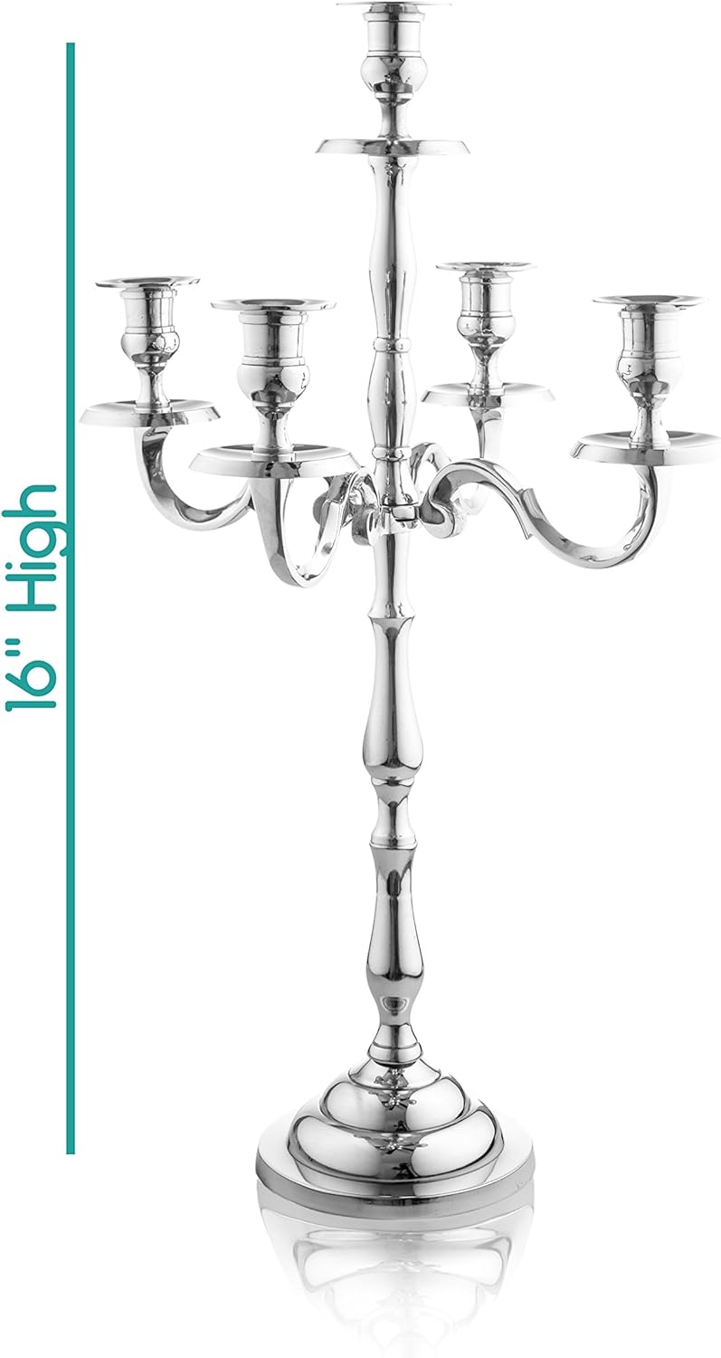 Klikel Traditional 16 Inch Silver 5 Candle Candelabra - Classic Elegant Design - Wedding, Dinner Party And Formal Event Centerpiece - Nickel Plated Aluminum, Mirrored Finish: Kitchen & Dining