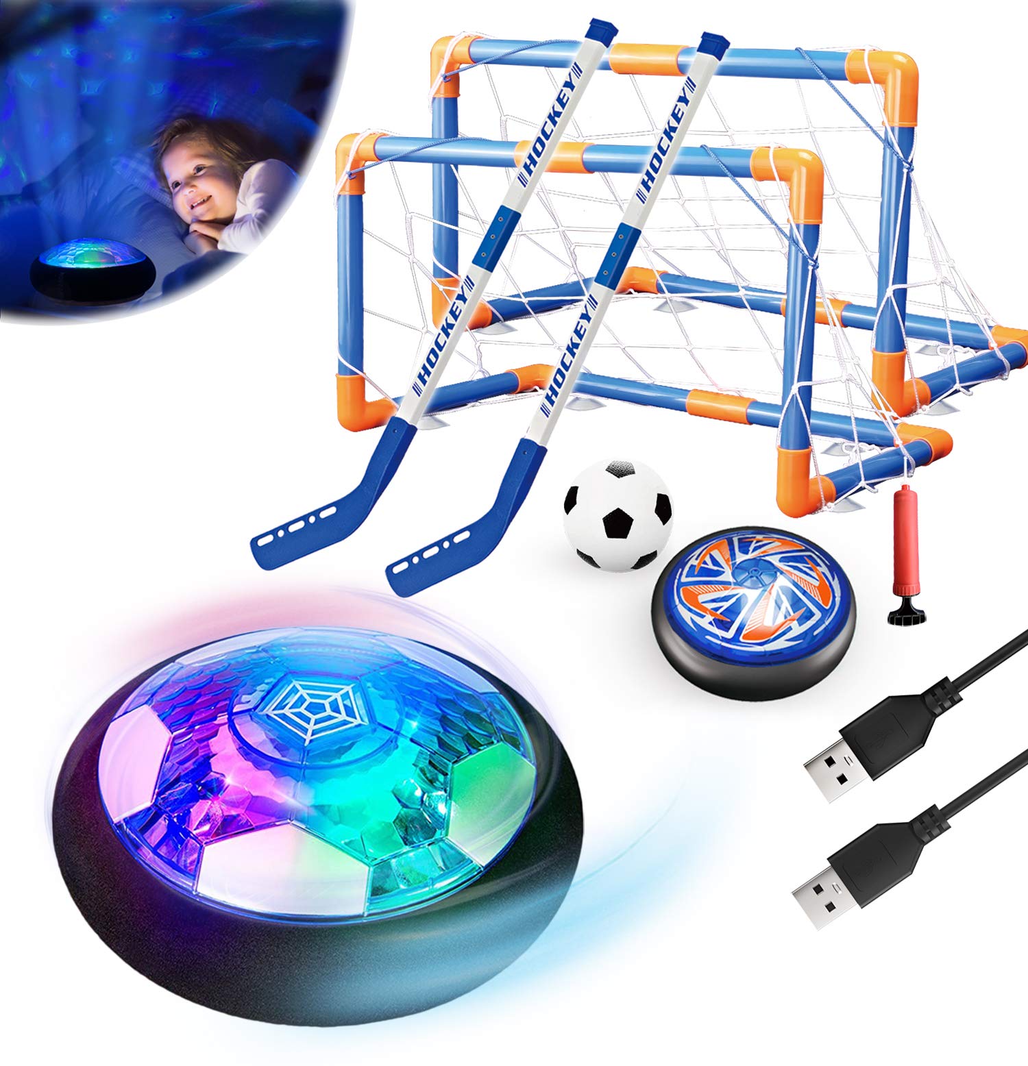 Magicoco 3 in1 Hover Hockey Football Toys Set, Air Floating USB Rechargeable Indoor & Outdoor Hover Sport Games w/2 Goals, LED Shining Light & Bumper, for Age 6-12 Boys Girls