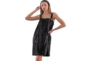 RUJIPO Bath Towel Wrap Dress for Women With Velcro & Straps, Body Shower Bath Adjustable Robe Towel Wraps with Spa Headband M-XX Large (Black)