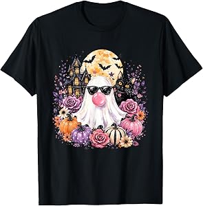 Ghost Blowing Bubble Gum Black Cat Halloween Floral Pumpkin T-Shirt