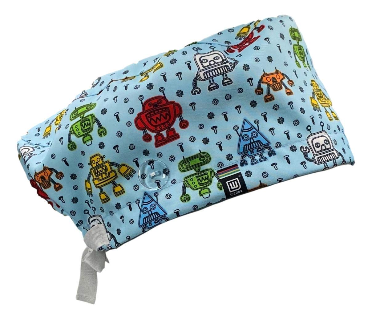 WEARK Surgical Health Hat Women Men Nurse Dentist Medical Pediatrician Long Hair with Buttons and Front Sweatband – (Robot)