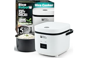 Rice Robot Personal Rice Cooker, PFAS-free, Nonstick. 1.2 Quart Capacity, with Stainless Steel Steamer Tray, Measuring Cups, 
