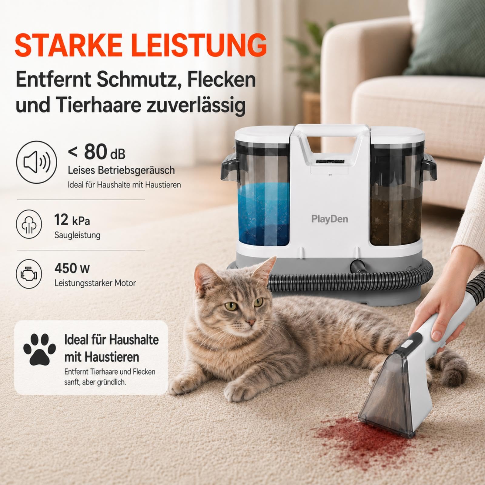 450W Polsterreiniger Gerät Nasssauger Waschsauger, 12Kpa Teppichreiniger 3