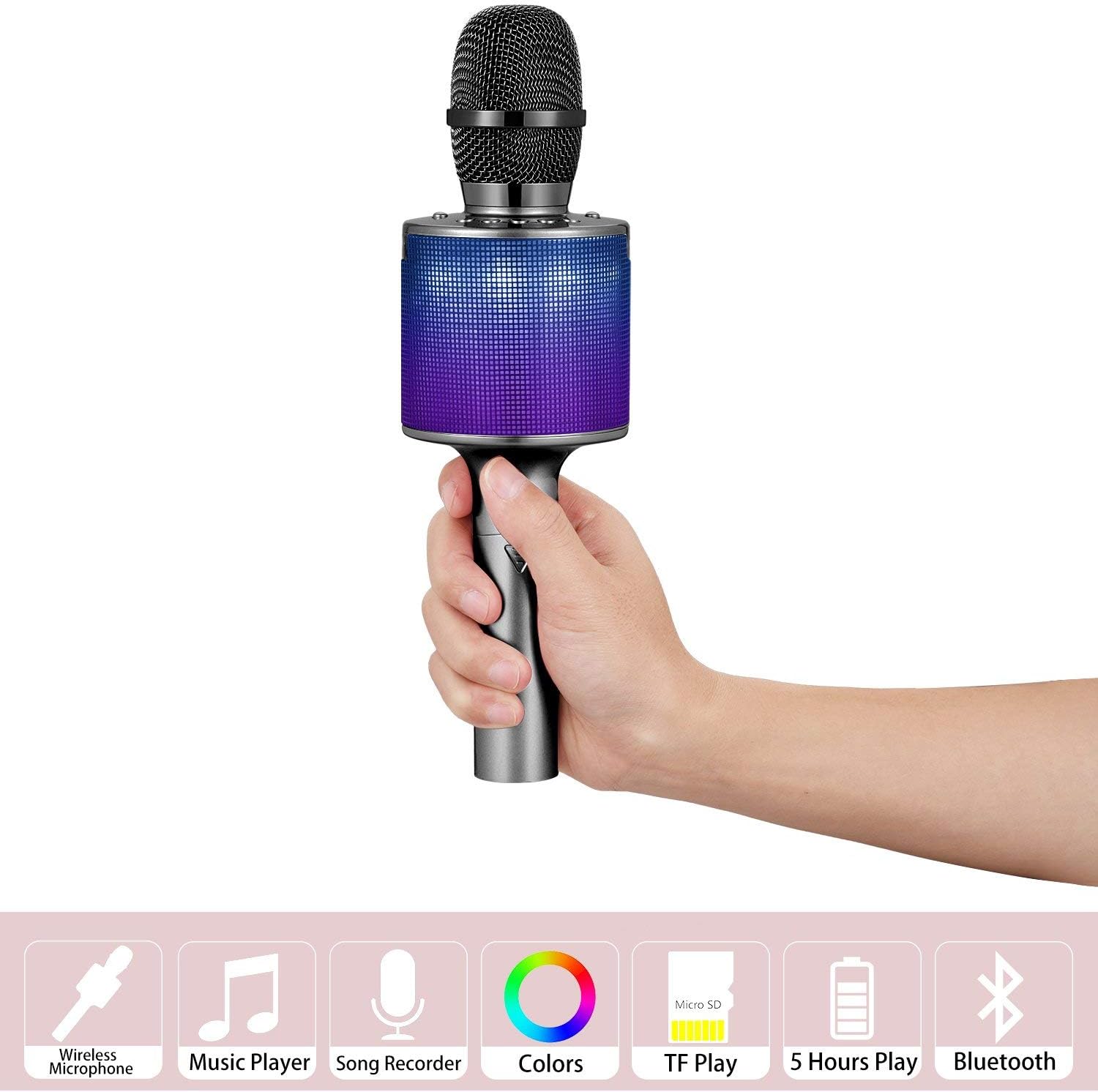 Karaoke Microphone Wireless, Sanovo Bluetooth Speaker Mic with LED Lights. Gift Idea for Kids, Portable Bluetooth Singing Recording Machine for iPhone Android Smartphone Home Birthday Party