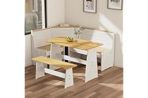 COMILING Kitchen Breakfast Nook Table Set - Solid Wood Corner Bench Dining Set for 4-6 People, L Shaped Bench for Dinner Room, Space Saving Kitchen Booth Seating with Table for Small Space, Light White