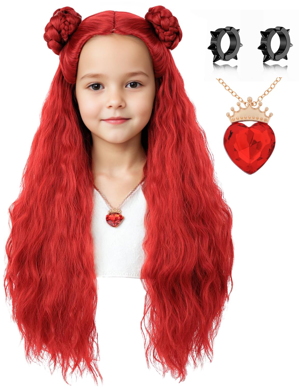 Photo 1 of AMZCOS Kids Long Wavy Red Wig with Braided Hair Buns Wigs for Girls Cosplay Halloween Costume Party Including Necklace and Ear Clips (Kids)