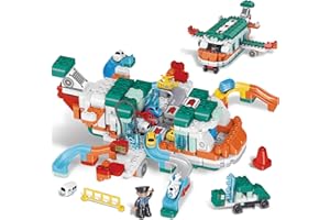 Hitish 2-in-1 Kids Airplane Building Blocks Toys Marble Run Set 233 PCS, Transport Plane Race Track with 6 City Cars, STEM Aircraft Parking Lot Playset Toys Gifts for Toddlers Boys Girls Age 3-12