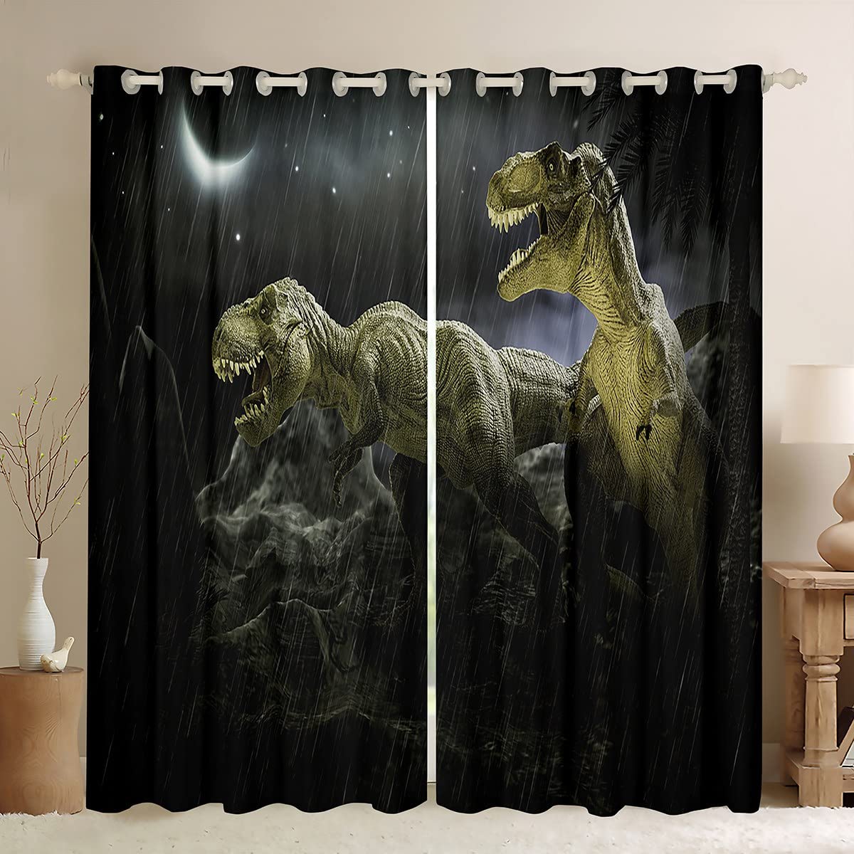 Loussiesd Dinosaur T-Rex Jurassic Theme Curtain For Bedroom-Kids Boys Teens 3D Animal Pattern Hypoallergenic Drapes,W66*L72 Inch,2Panels