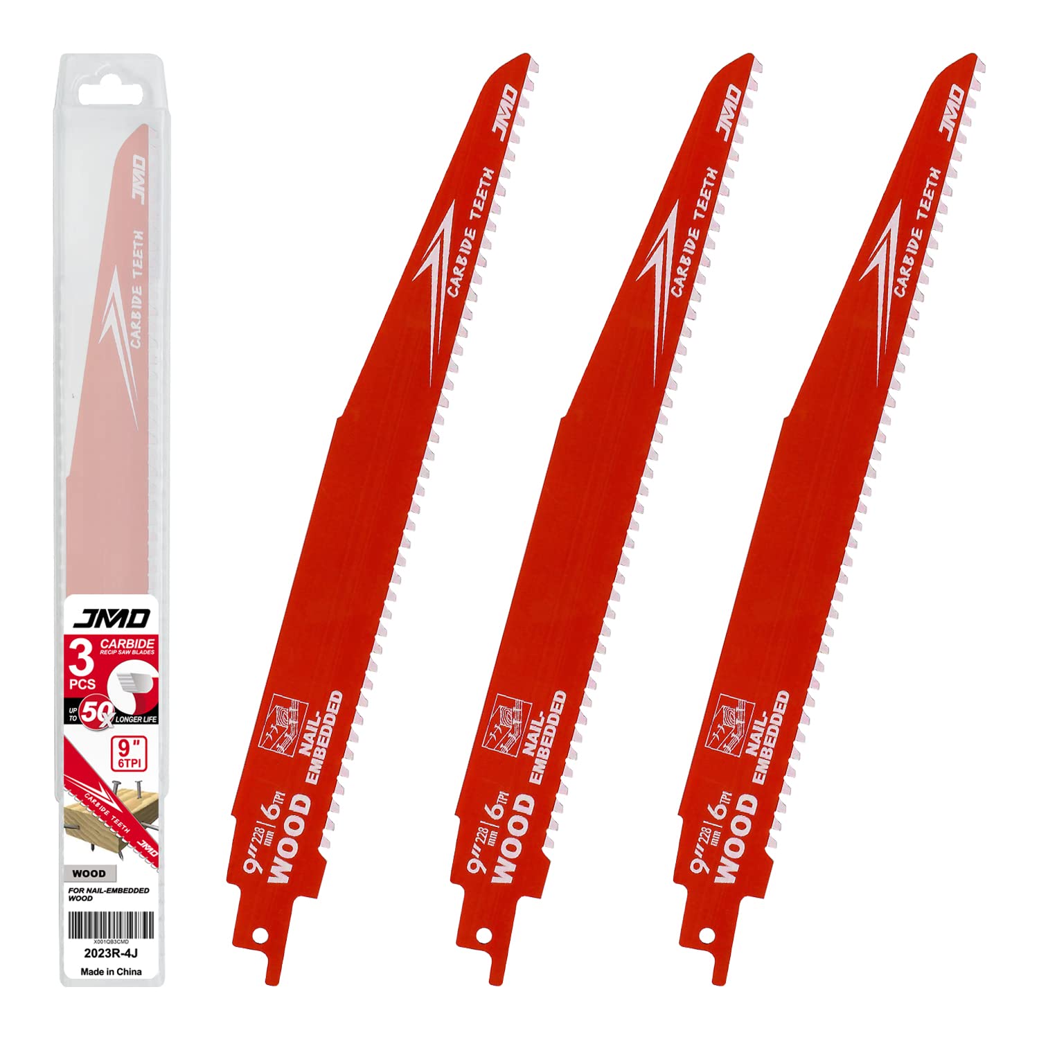 JMD 3-Pack 9 Inch 6TPI Carbide Reciprocating Saw Blades for Nail-Embedded Wood Carbide Scorpion Saw Blades Wood Metal Compatible with Milwaukee Makita Dewalt Ryobi etc