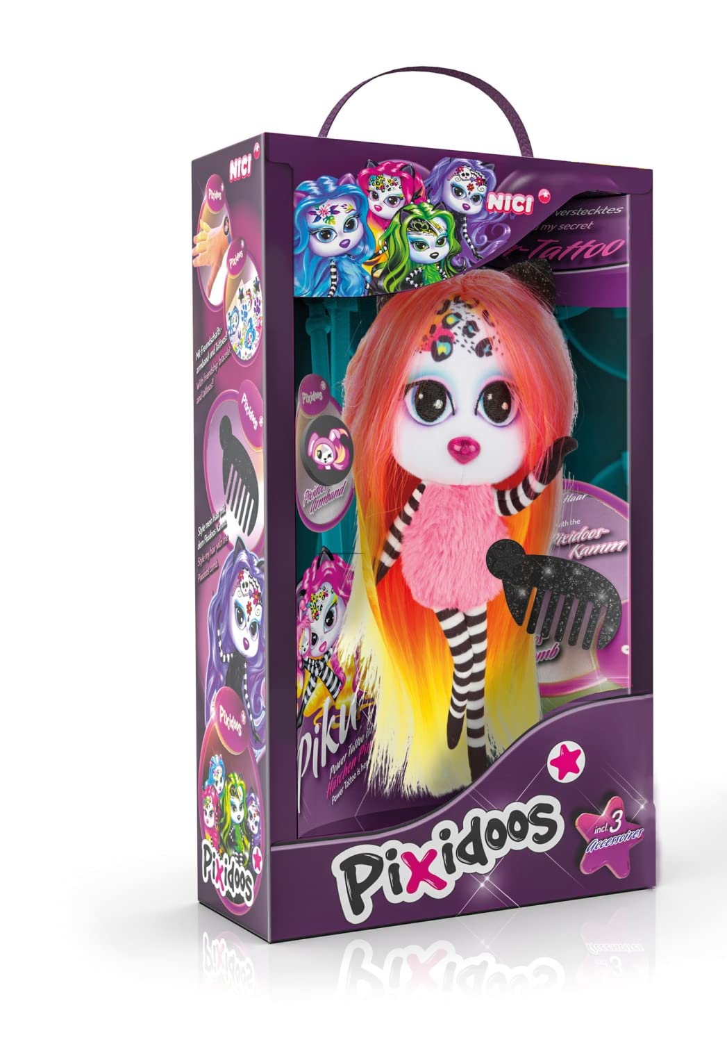 NICI Pixidoos Piku the Doll toy 20 cm, Giftbox incl. tattoo set for kids, hair comb & friendship bracelet – Styling dolls with colourful hair – Cuddly toys to cuddle, play, style & collect