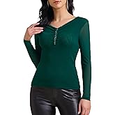 Allegra K Women's Semi Sheer Party Blouse Long Sleeve Ruched V Neck Sequin Panel Casual Top