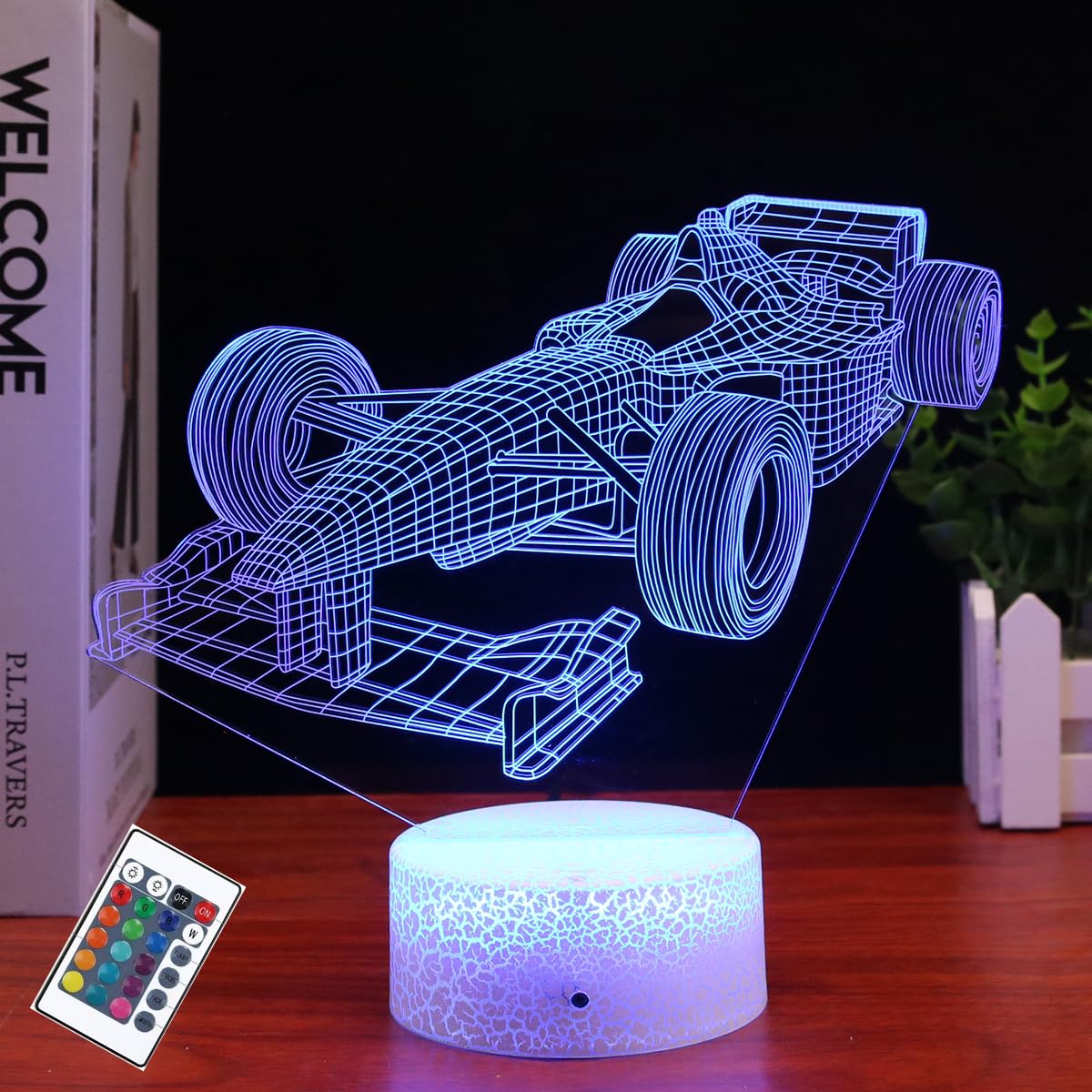 PONLCY 3D Illusion Lamp Racing Car Led Night Light, 16 Colors Changing USB Desk Lamps with Remote Control, Bedroom Decoration Table Lights for Kids Birthday Gifts