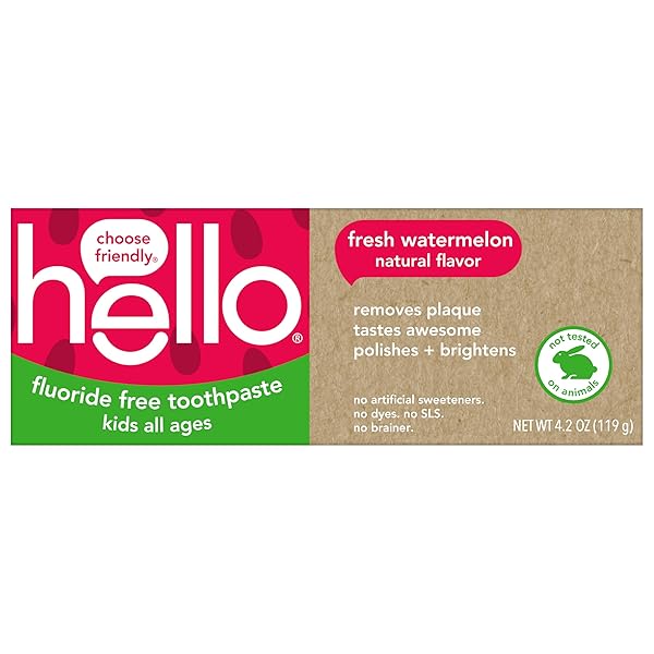 HELLO NATURAL WATERMELON FLAVOR BABY & KIDS FLUORIDE FREE TOOTHPASTE, VEGAN, SLS FREE, GLUTEN FREE, SAFE TO SWALLOW FOR BABY AND TODDLERS, 4.2 OUNCE (PACK OF 3)