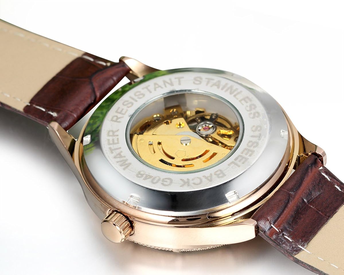 JewelryWe Classic Skeleton Mechanical Movement Wristwatch Brown Leather Business Men's Watch - Image 5
