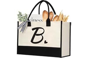 shenee Initial Canvas Tote Bag, Personalized Beach Jute Bag Present for Women Holiday, Friends Birthday Gift, Beach, Wedding